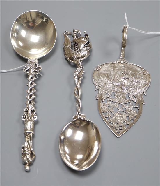 A Victorian silver apostle spoon with pierced stem, London 1888, Francis Higgins III and two other items